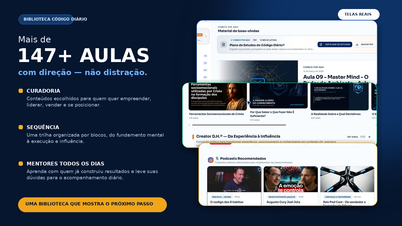 Telas reais da Biblioteca do Código Diário organizadas por blocos e trilhas
